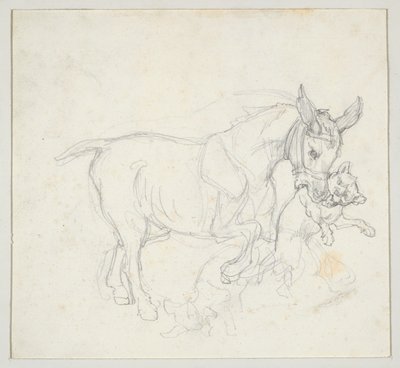 Osioł trzymający psa w pysku (strona przednia); Studium jelenia ściganego przez psy, głowa łani (strona tylna) autorstwa Theodore Gericault