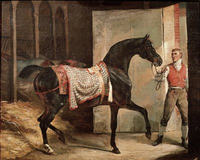 Koń opuszczający stajnię (olej na płótnie, pocz. XIX w.) autorstwa Theodore Gericault