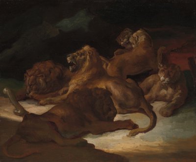 Lwy w górzystym krajobrazie, ca. 1818-20. autorstwa Theodore Gericault