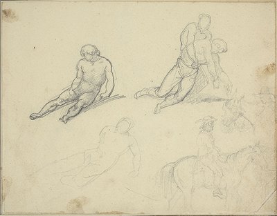 Luonnokset: Makaava alaston, Mies tukee vartaloa autorstwa Theodore Gericault
