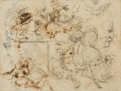 Szkice męskich twarzy, końskich pysków i konnych żołnierzy autorstwa Theodore Gericault