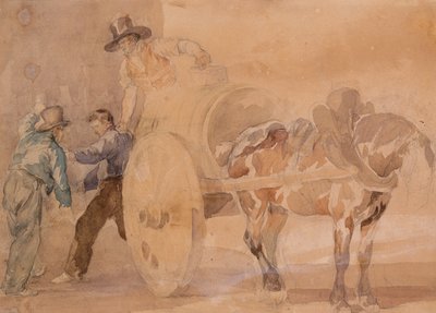 Trzech mężczyzn rozładowujących wózek (akwarela na śladach ołówka na papierze) autorstwa Theodore Gericault