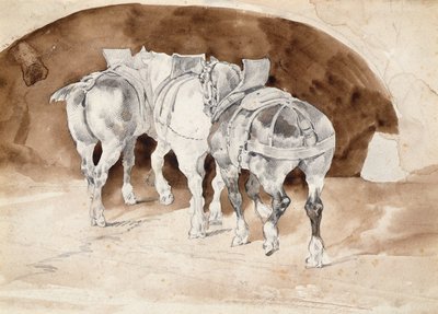 Trzy ciężkie konie w uprzęży (mycie ołówkiem i sepią) autorstwa Theodore Gericault