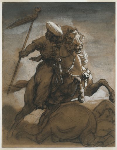Turecki Cavalier in Combat, ok. 1818 (mycie brązowe, podkreślone gwaszem na papierze) autorstwa Theodore Gericault
