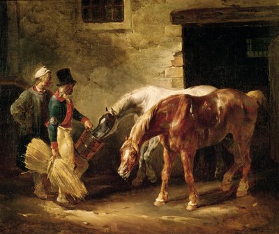 Dwa konie pocztowe przy drzwiach stajni autorstwa Theodore Gericault
