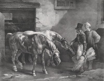 Dwa konie pocztowe przy drzwiach stajni, 1822. autorstwa Theodore Gericault