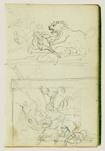 Dwa szkice kompozycyjne przedstawiające polowanie na lwa autorstwa Theodore Gericault