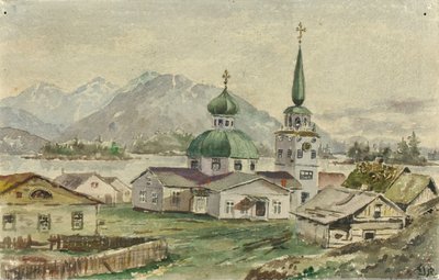 Widok z tyłu kościoła greckiego, Sitka, 1888. autorstwa Theodore J. Richardson