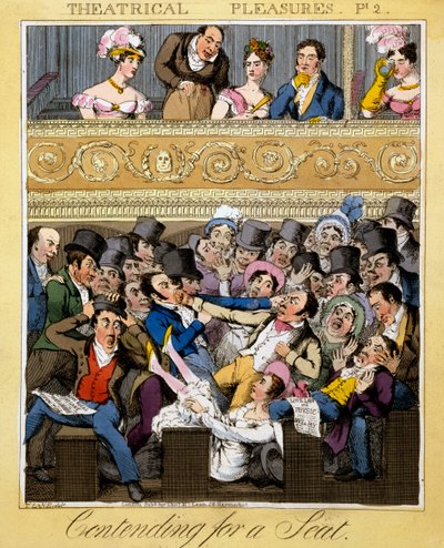 Walcząc o fotel, tablica 2 z filmu „Przyjemności teatralne”, 1827 r. (ręcznie kolorowana grawerunek) autorstwa Theodore Lane