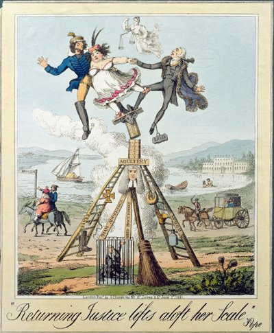 Returning Justice Lifts Aloft Her Scale, wyd. G. Humphrey, Londyn, 1821 (rycina na papierze) autorstwa Theodore Lane