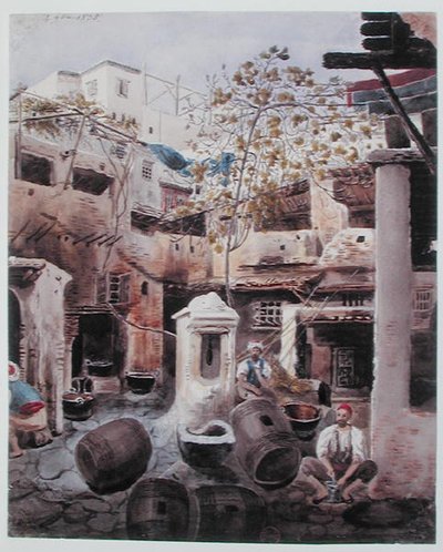 Farbiarnia, Rue du Divan, Algier. ok. 1835 (akwarela na papierze) autorstwa Theodore Leblanc