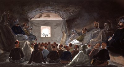 Przedstawienie kukiełkowe w szkole w Algierii, ok. 1830 r. (akwarela) autorstwa Theodore Leblanc