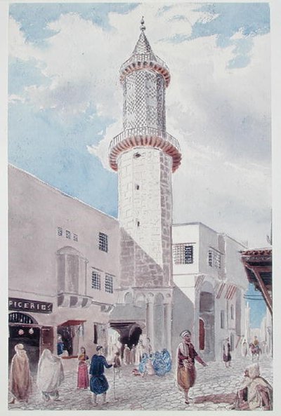 Minaret meczetu przy Rue de Chartres i Rue Bab-Azoun, Algier (akwarela na papierze) autorstwa Theodore Leblanc