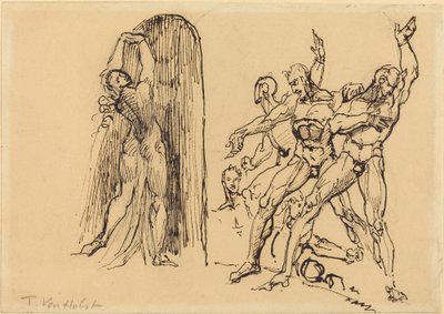 Pięć męskich aktów gestykulujących, gdy naga kobieta wchodzi do portalu autorstwa Theodore M. von Holst