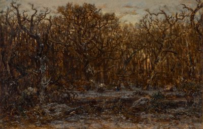 Las o zachodzie słońca w zimie autorstwa Theodore Rousseau