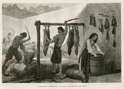 Przygotowanie kastradyny, specjalności mięsa owczego i koziego solonego i bucanee, pod koniec października w Dalmacji (Istria i Hercegowina (Chorwacja)), rysunek Valerio, ilustrujący podróż do Czarnogóry w 1874 roku przez Karola Yriarte autorstwa Theodore Valerio