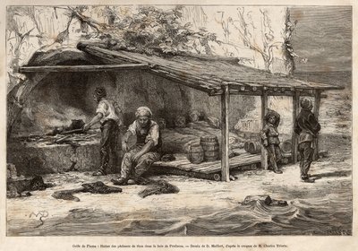 Chata do połowu tuńczyków w zatoce Proelucca, Zatoka Fiume (lub Rijeka, Istria), trzech rybaków jeszcze śpi, owiniętych w koce, inny wyposaży i zastąpi obserwację, inny przygotuje kuchnię, a mech będzie wędrował po stopa autorstwa Theodore Weber