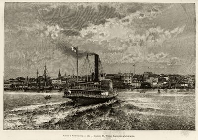 Przylot do Wiktorii w Kanadzie. Grawerowanie autorstwa Th.Webera, aby zilustrować historię „”Transcanadien and Alaska”” E.Cotteau, w 1890, w Le tour du monde, nouveau journal des voyages, pod redakcją Edouarda Chartona (1807-1890), 2. semestr 1891 , wydani autorstwa Theodore Weber