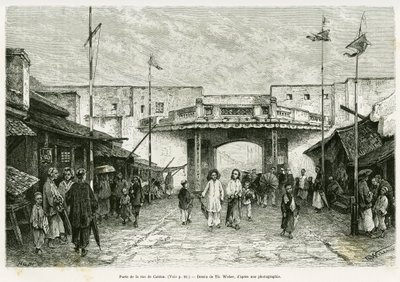Canton Street Gate w Hanoi. Grawerowanie Th. Weber, z fotografii, aby zilustrować historię Trente mois au Tonkin w 1884 roku, autorstwa doktora Hocquarda, w tour du monde 1889, pod kierunkiem Edouarda Chartona (1807-1890), Hachette, Paryż. autorstwa Theodore Weber