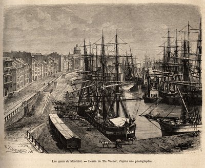 Les quais de Montreal, rycina wg rysunku Th. Weber, ilustrujący wycieczkę do Kanady i Riviere Rouge du nord, H. De Lamotte, w 1873, opublikowany w „Le tour du monde”” 1875, pod redakcją Edouarda Chartona, wyd. Hachette, Paryż. Własna autorstwa Theodore Weber