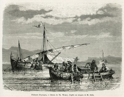 Rybacy gąbki w Zatoce Nafplio, rysunek The. Webera, aby zilustrować historię podróży do Grecji w latach 1861, 1868 i 1874 Henri Belle. Grawerowanie w Le tour du monde autorstwa Theodore Weber