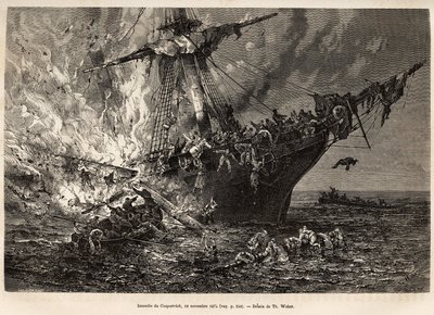 Pożar Cospatrick, brytyjskiego statku przewożącego ponad 400 emigrantów do Nowej Zelandii, 19 listopada 1874 r., wygrawerowany według rysunku T. Webera, ilustrującego badanie burz i podróży, autorstwa pana Zurchera i pana Margolle, w 1870-1874, wyd autorstwa Theodore Weber