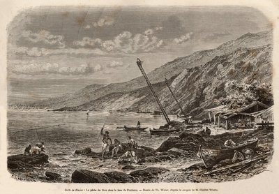 Łowienie tuńczyka w zatoce Proelucca (Zatoka Fiume lub Rijeka, Istria), obserwacja ławic rybnych, okoń na dużych łuskach i poinformuj rybaków o swojej drużynie lub zarzucaj sieci wzdłuż wybrzeża. Grawer na podstawie rysunku T.Webera, ilustrujący opowieść o autorstwa Theodore Weber