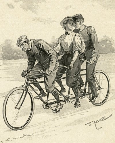 Rower dla trzech osób, zwany rowerem tandem autorstwa Theodore Zasche