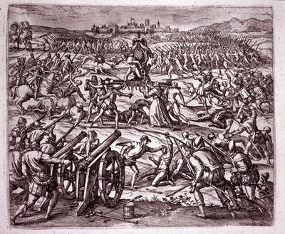 Mnich dominikański, czując się wyśmiewany przez króla Inków Atahualpa (Atabaliba), zachęca Francisco Pizarro do szukania zemsty (Grawerowanie autorstwa Theodore de Bry