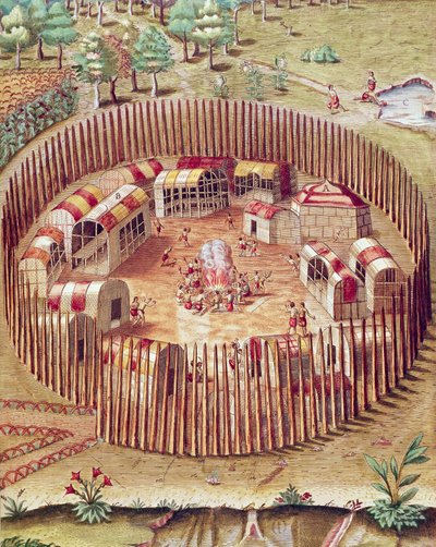 Ufortyfikowana wioska indiańska Pomeiok, ilustracja z Admirandy Narratio, autorstwa Theodore