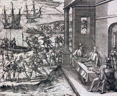Porozumienie między Francisco Pizarro, Diego de Almagro i Hernando de Luque w celu zbadania i eksploatacji Peru autorstwa Theodore de Bry