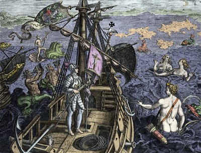 Alegoria des voyages de Christopher Columbus (1451-1506), grawerowanie z „Historia America sive Novi Orbis” Theodora de Bry (1527-1598), Amsterdam 1594 autorstwa Theodore de Bry