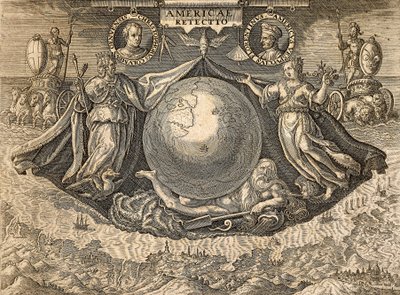 Alegoria Indii Zachodnich lub obu Ameryk, z portretami nawigatorów Krzysztofa Kolumba i Amerigo Vespucci autorstwa Theodore de Bry