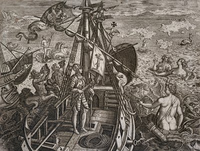 Alegoria podróży Krzysztofa Kolumba do odkrycia Nowego Świata, rycina Theodora de Bry (1528-1598) autorstwa Theodore de Bry
