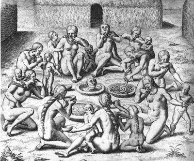 Posiłki antropofagów: kanibale Ameryki Południowej – w „Admirante Narratio Americae”, autorstwa Théodore de Bry autorstwa Theodore de Bry