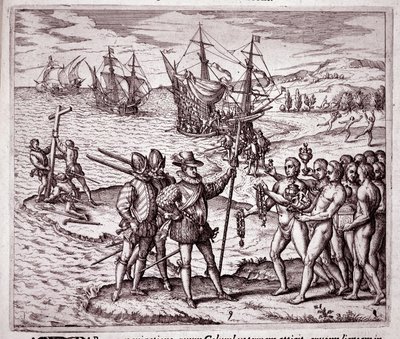 Przybycie Krzysztofa Kolumba na wyspę Hispaniola w Indiach Zachodnich (Grawerowanie autorstwa Theodore de Bry