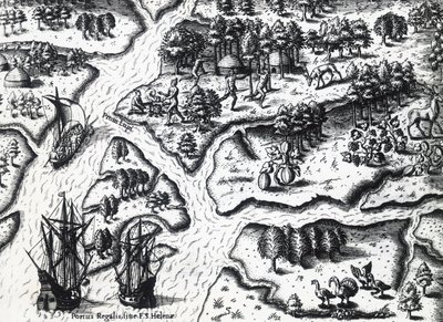Przybycie Francuzów do Port Royal w 1564 r., Theodor de Bry (1528-1598) z obrazu Jacques le Moyne de Morgues (ok. 1533-przed 1588), rycina autorstwa Theodore de Bry