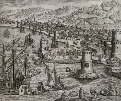 Przybycie Girolamo Benzoni do portu Las Palmas podczas jego podróży do obu Ameryk (1541), Wyspy Kanaryjskie, rycina Theodora de Bry (1528-1598) autorstwa Theodore de Bry