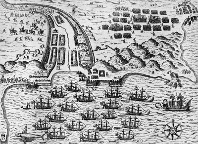 Atak na Santiago 27 listopada 1585 (rycina) autorstwa Theodore de Bry