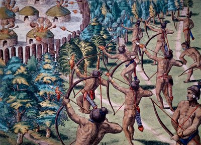 Atak na wioskę płonącymi strzałami, rycina z Narracji na Florydzie autorstwa Theodore de Bry