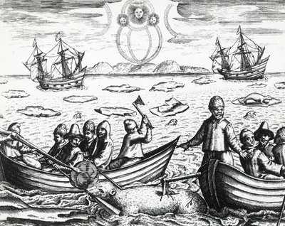 Polowanie na zorzę polarną i niedźwiedzia białego podczas trzeciej wyprawy prowadzonej przez Williama Barentsa (ok. 1550-1597) w poszukiwaniu Przejścia Północno-Wschodniego w 1596 r., Theodor de Bry (1528-1598), rycina autorstwa Theodore de Bry