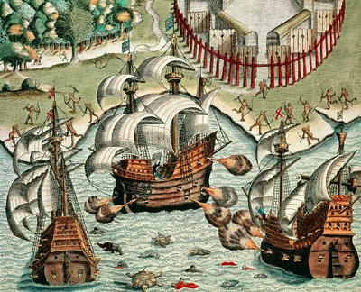 Bitwa między Francuzami i Portugalczykami u wybrzeży Buttugar autorstwa Theodore de Bry