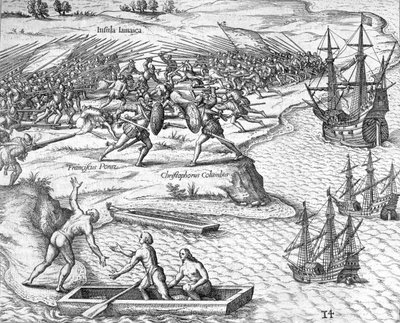 Bitwa na Jamajce między Krzysztofem Kolumbem a Francisco Porazem, 1504 1631 autorstwa Theodore de Bry