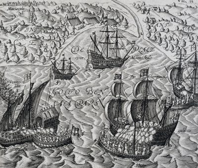 Bitwa przed miastem Matical w Zatoce Bengalskiej, grawerowanie z Indiae Orientalis, autorstwa Theodora de Bry (1528-1598) autorstwa Theodore de Bry