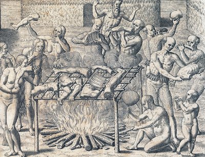 Kanibalizm plemion we wnętrzu Brazylii, grawerowanie z historii Ameryki przez Theodore de Bry (1528-1598), Frankfurt, Ameryka Południowa autorstwa Theodore de Bry