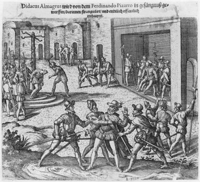 Pojmanie, proces i egzekucja Diego de Almagro na rozkaz Francisco Pizarro autorstwa Theodore de Bry