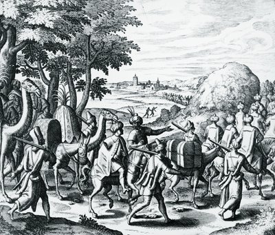 Karawana arabskich kupców podróżujących z Aleppo do Basry, grawerowanie z Grands and Petits Voyages, Theodor de Bry (1528-1598), Bliski Wschód autorstwa Theodore de Bry
