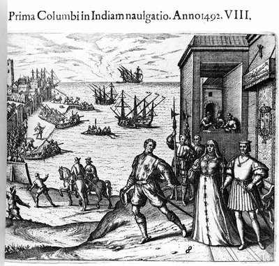 Krzysztof Kolumb i bracia Pinzon opuszczają port Palos w Hiszpanii 03.08.1492 i udają się do Nowego Świata. Prawo Król i Królowa Portugalii Katolicki Ferdynand II Aragoński i Izabela Iere z Kastylii. Grawer Theodore de Bry w „”Admirante autorstwa Theodore de Bry