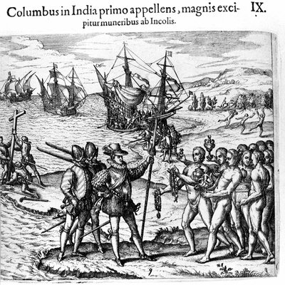 Krzysztof Kolumb przybywa do Indii Zachodnich. Rycina autorstwa Theodore de Bry w "Admirante Narratio - Americae" autorstwa Theodore de Bry
