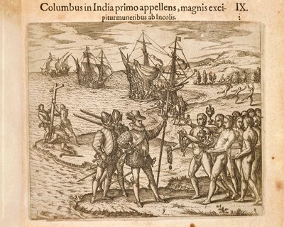 Krzysztof Kolumb lądujący na wyspie Guanahani (San Salvador) 12 października autorstwa Theodore de Bry